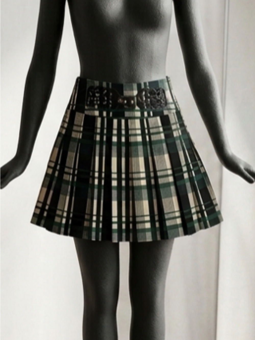Plaid Pleated Mini Skirt in Green and Cream
